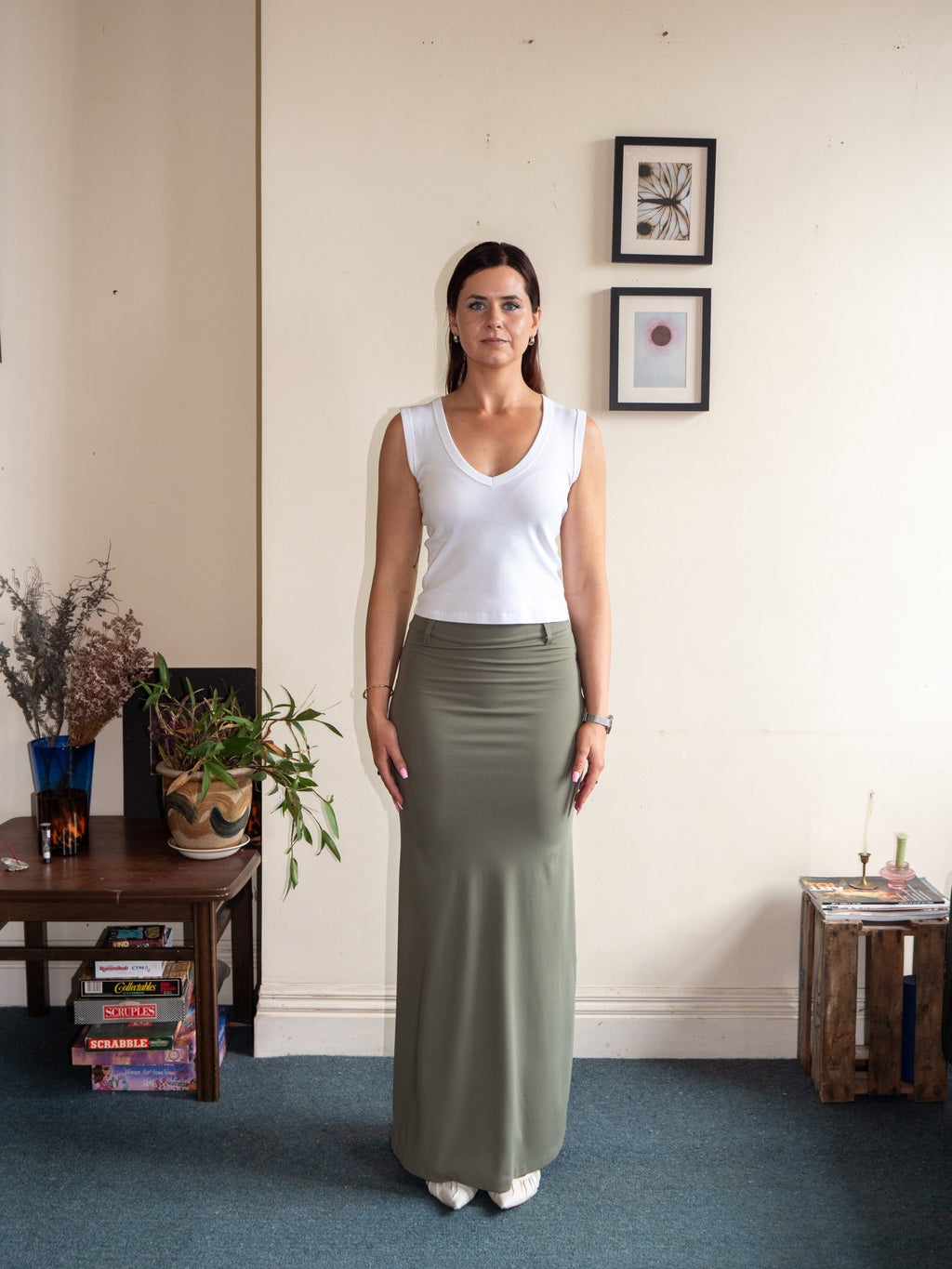 Front view of high-waisted stretch pencil skirt, green