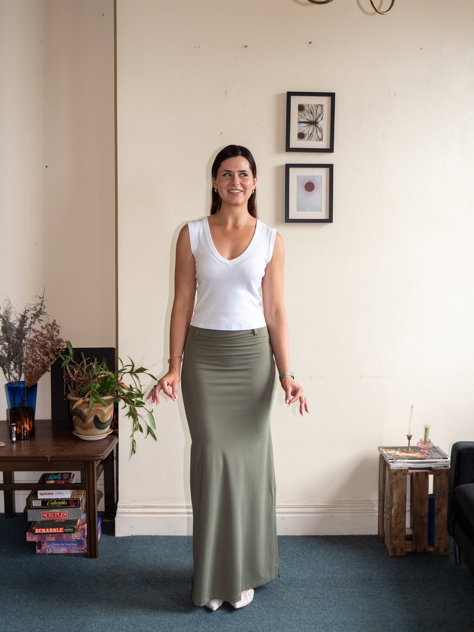 Front view of high-waisted stretch pencil skirt, green