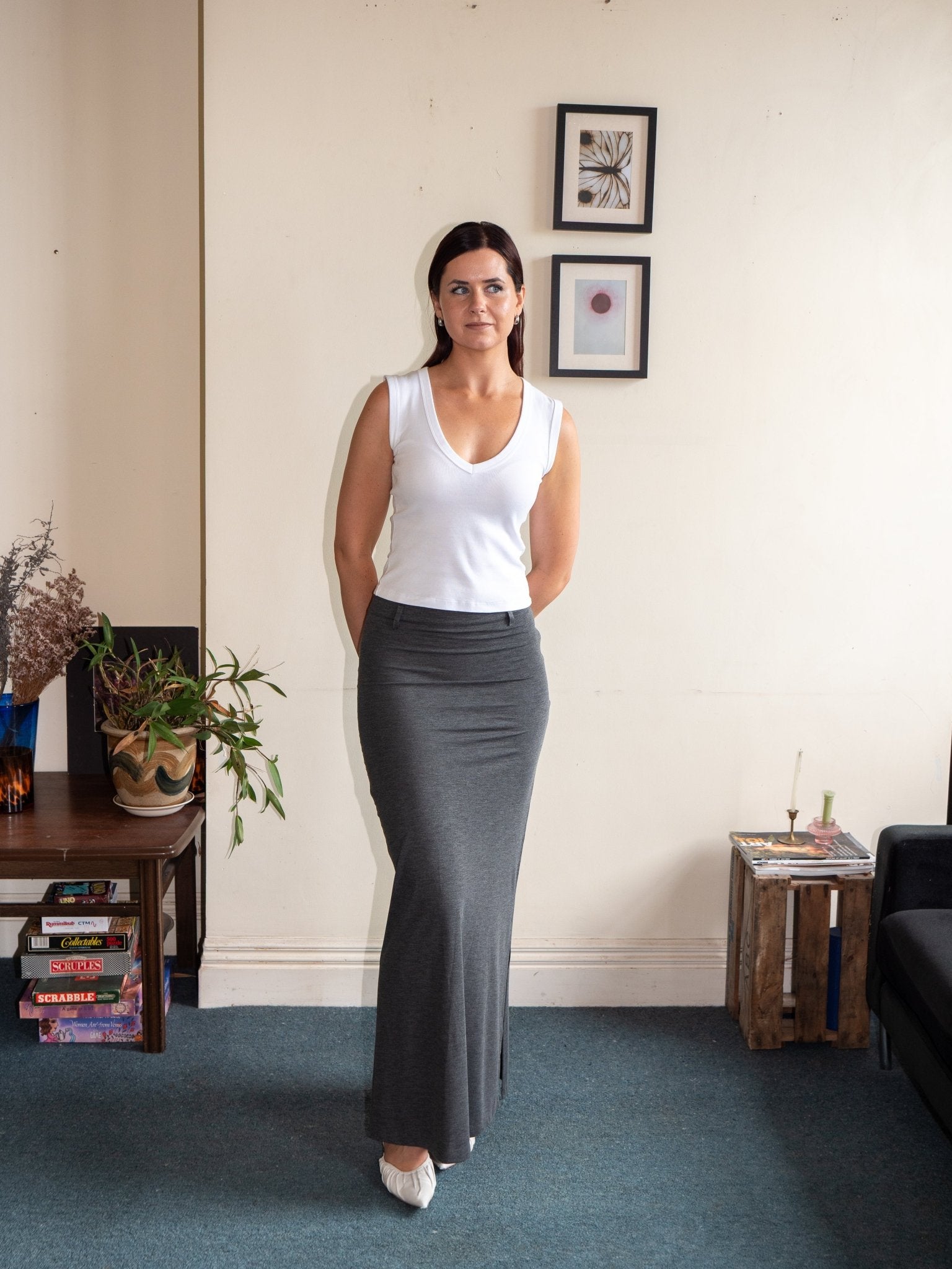 Front view of high-waisted stretch pencil skirt, grey