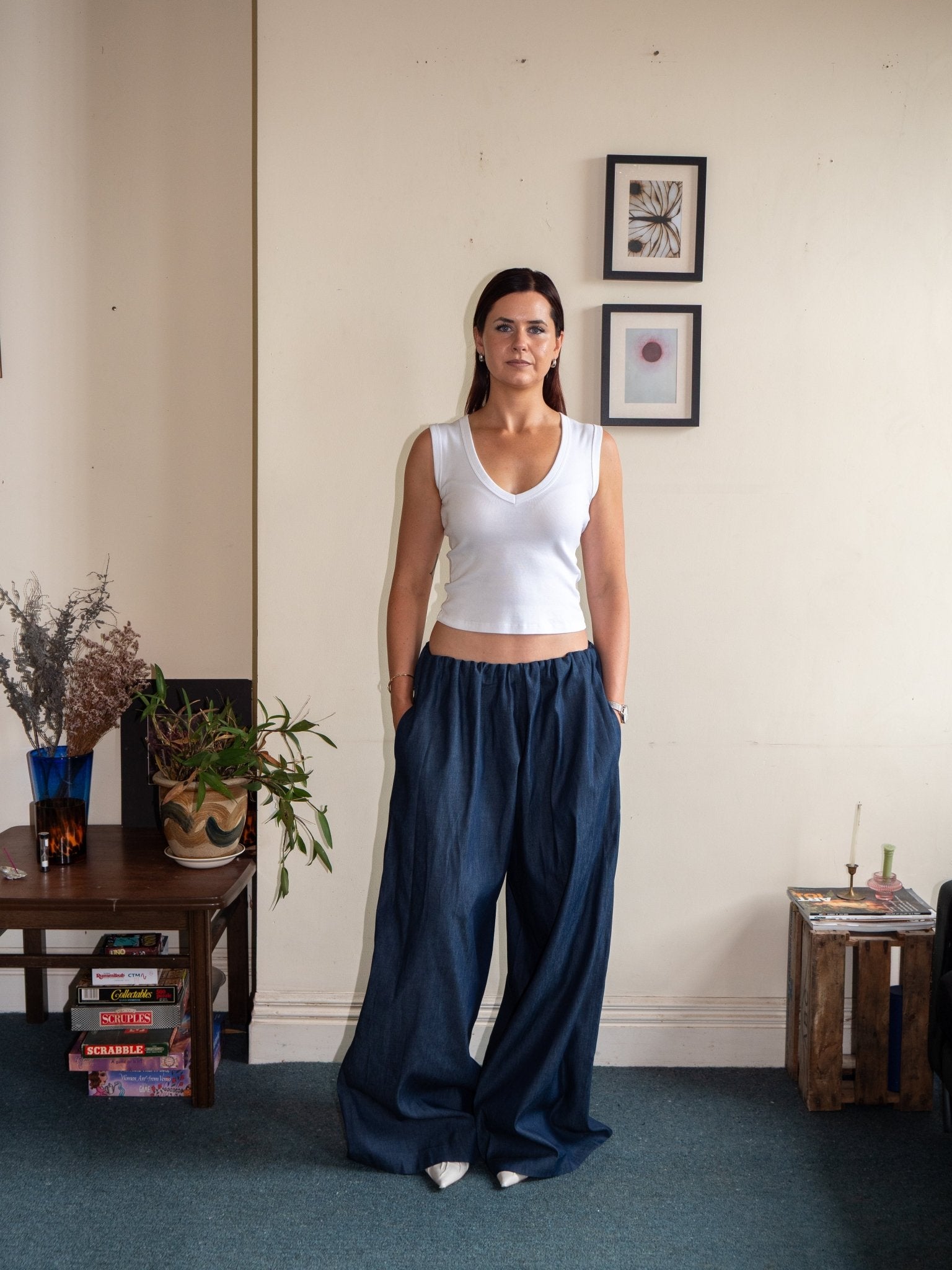 Front view of wide-leg cotton pants with elastic waist, denim