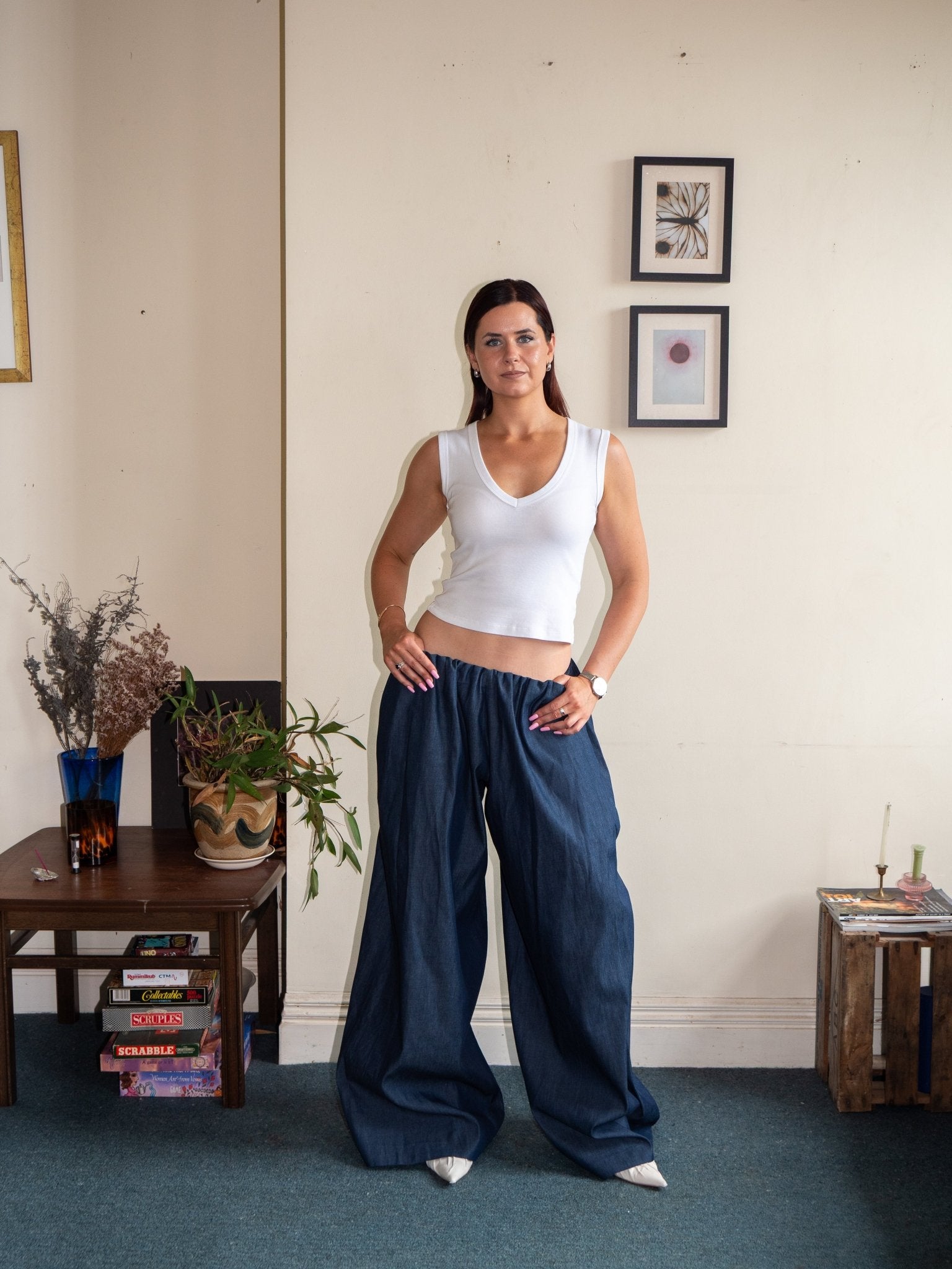 Front view of wide-leg cotton pants with elastic waist, denim